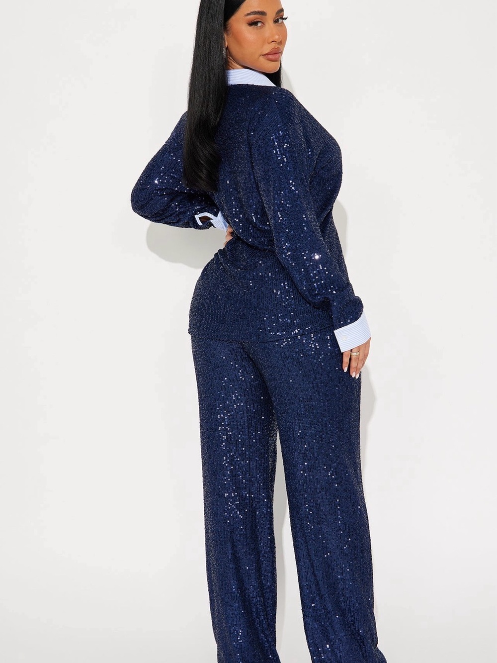 Two Piece Navy Sequin Button-Up Top and Pant with Contrast Trim - Picture 4 of 4